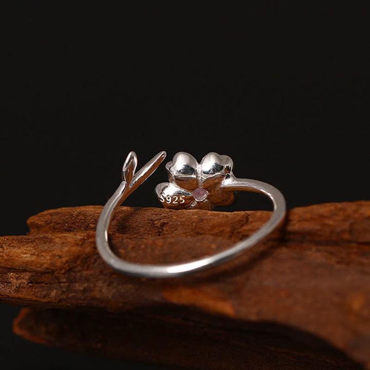 Bague ajustable en argent sterling 925 Buddha Stones et bénédiction de la fleur de cerisier Sakura