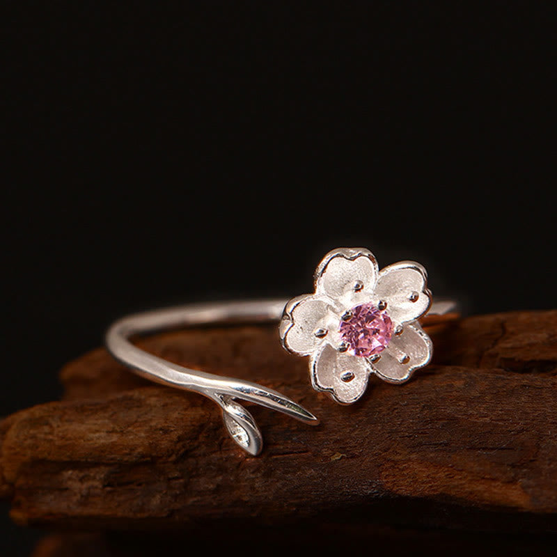Bague ajustable en argent sterling 925 Buddha Stones et bénédiction de la fleur de cerisier Sakura
