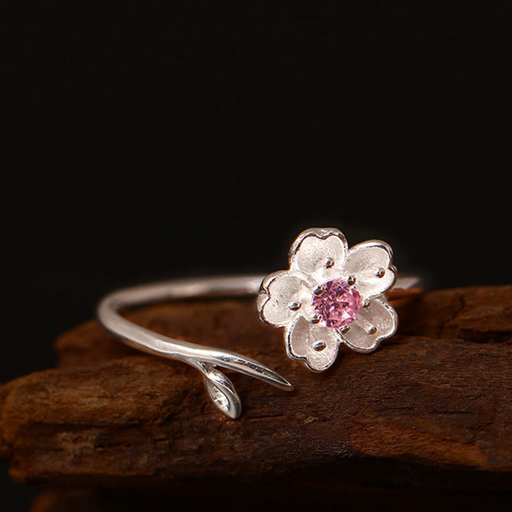 Bague ajustable en argent sterling 925 Buddha Stones et bénédiction de la fleur de cerisier Sakura