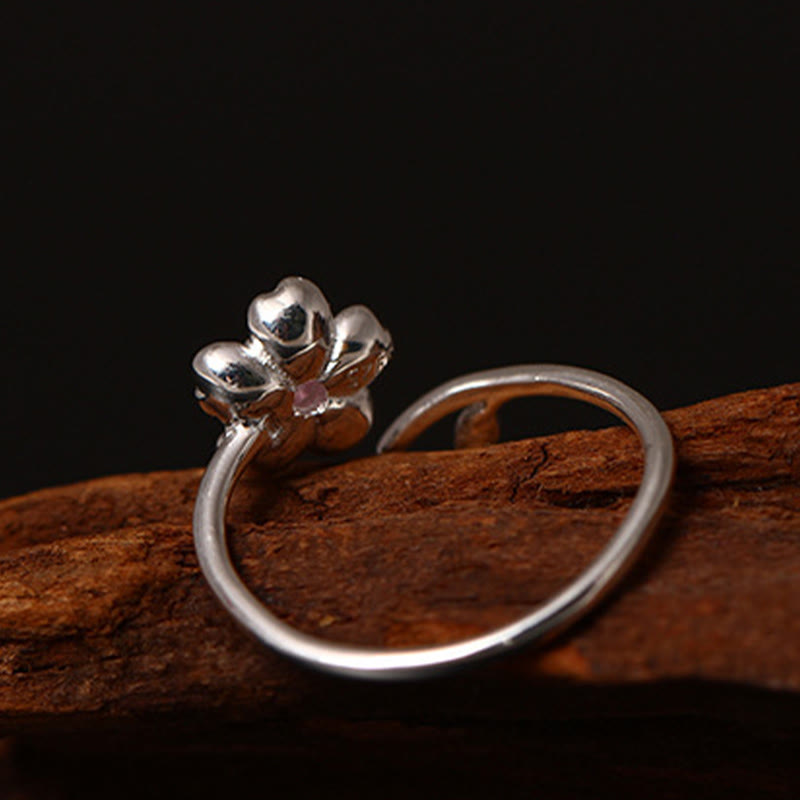 Bague ajustable en argent sterling 925 Buddha Stones et bénédiction de la fleur de cerisier Sakura
