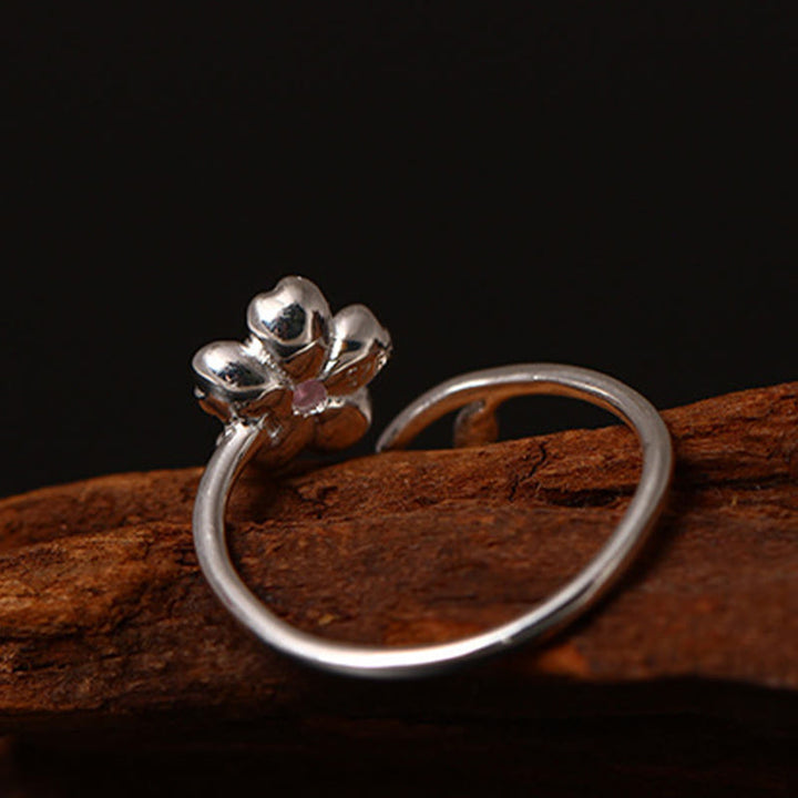 Bague ajustable en argent sterling 925 Buddha Stones et bénédiction de la fleur de cerisier Sakura
