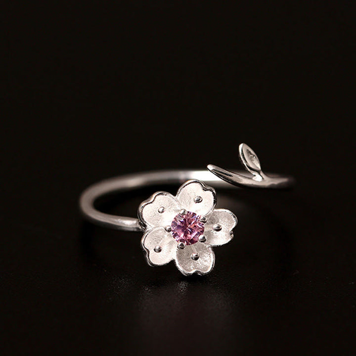 Bague ajustable en argent sterling 925 Buddha Stones et bénédiction de la fleur de cerisier Sakura