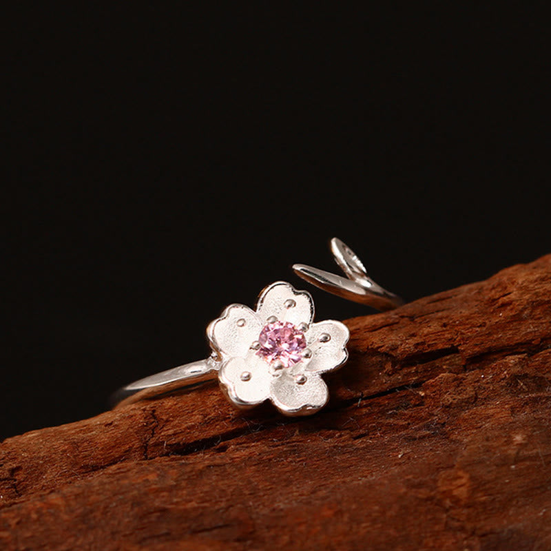 Bague ajustable en argent sterling 925 Buddha Stones et bénédiction de la fleur de cerisier Sakura