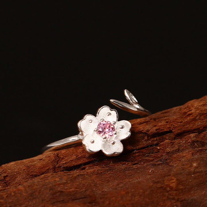 Bague ajustable en argent sterling 925 Buddha Stones et bénédiction de la fleur de cerisier Sakura
