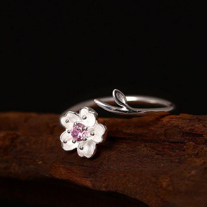 Bague ajustable en argent sterling 925 Buddha Stones et bénédiction de la fleur de cerisier Sakura