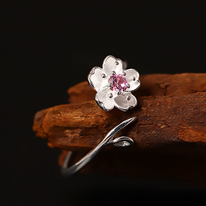 Bague ajustable en argent sterling 925 Buddha Stones et bénédiction de la fleur de cerisier Sakura