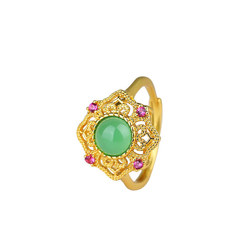 Bague réglable en calcédoine verte à motif creux Buddha Stones