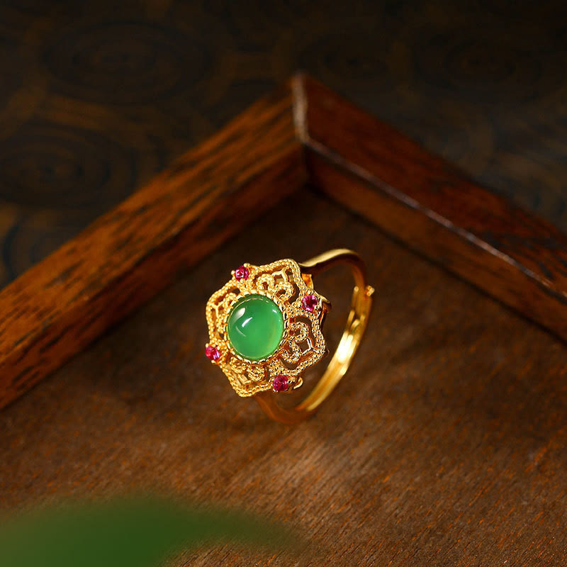 Bague réglable en calcédoine verte à motif creux Buddha Stones