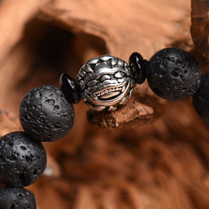 Bracelet de richesse PiXiu en cuivre blanc avec perles de pierre de lave et Buddha Stones
