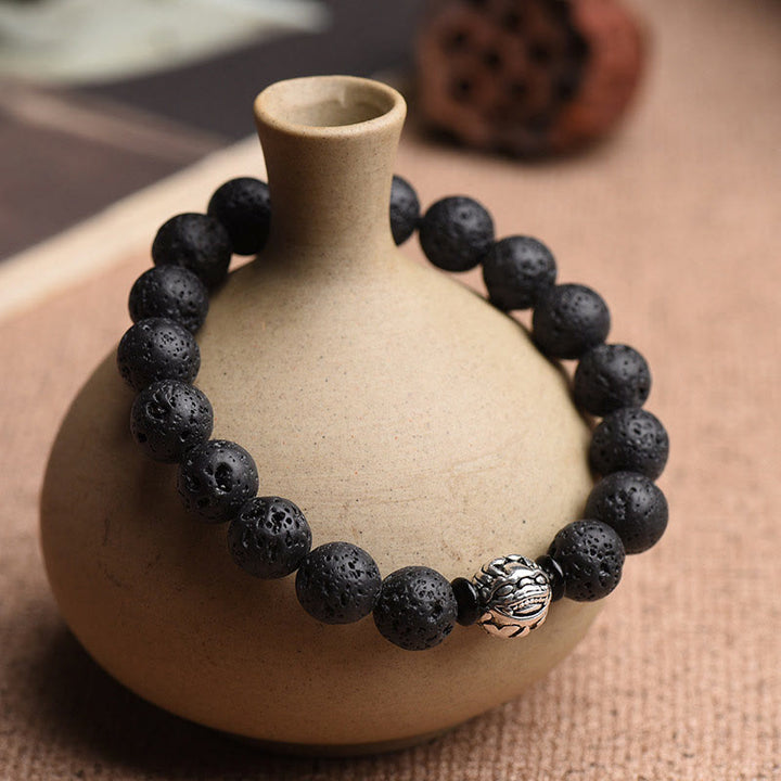 Bracelet de richesse PiXiu en cuivre blanc avec perles de pierre de lave et Buddha Stones