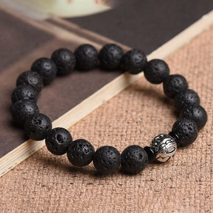 Bracelet de richesse PiXiu en cuivre blanc avec perles de pierre de lave et Buddha Stones