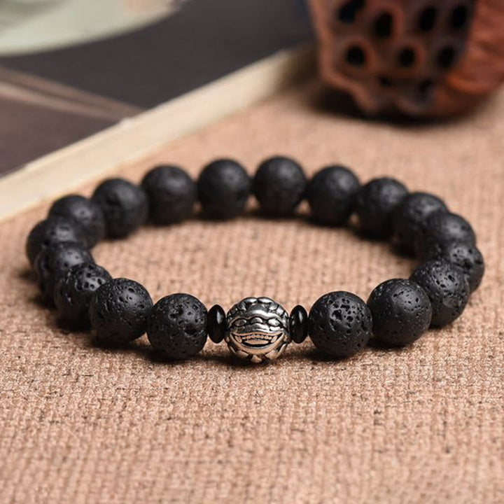 Bracelet de richesse PiXiu en cuivre blanc avec perles de pierre de lave et Buddha Stones