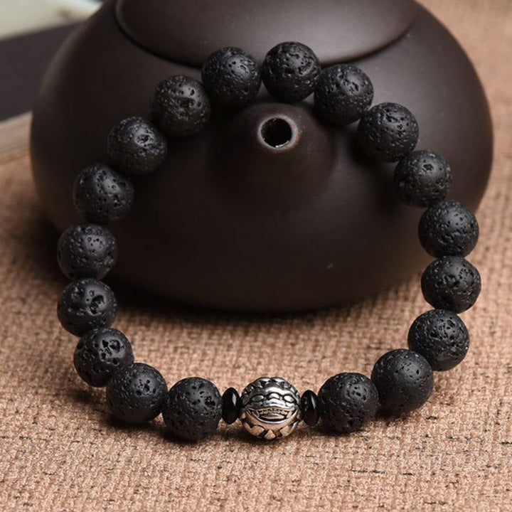 Bracelet de richesse PiXiu en cuivre blanc avec perles de pierre de lave et Buddha Stones