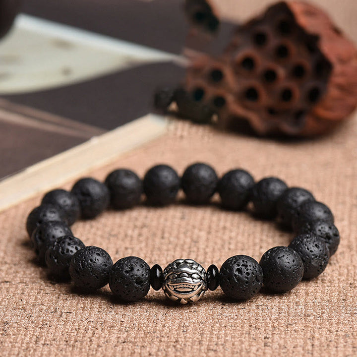 Bracelet de richesse PiXiu en cuivre blanc avec perles de pierre de lave et Buddha Stones