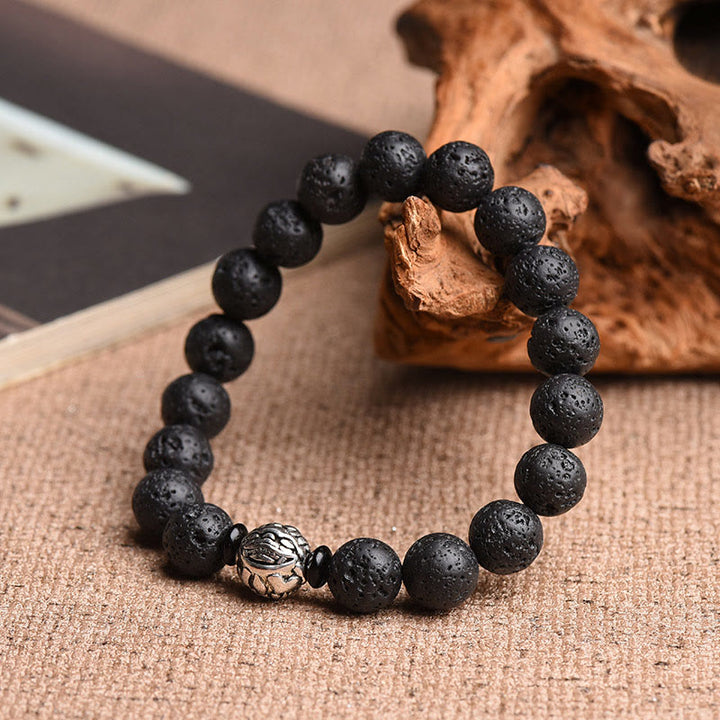 Bracelet de richesse PiXiu en cuivre blanc avec perles de pierre de lave et Buddha Stones