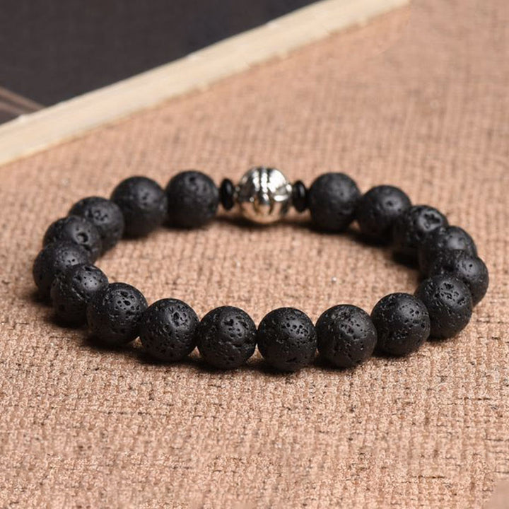 Bracelet de richesse PiXiu en cuivre blanc avec perles de pierre de lave et Buddha Stones