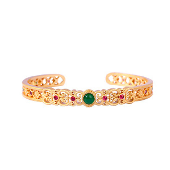 Bracelet manchette en cuivre plaqué or 24 carats Buddha Stones en calcédoine verte