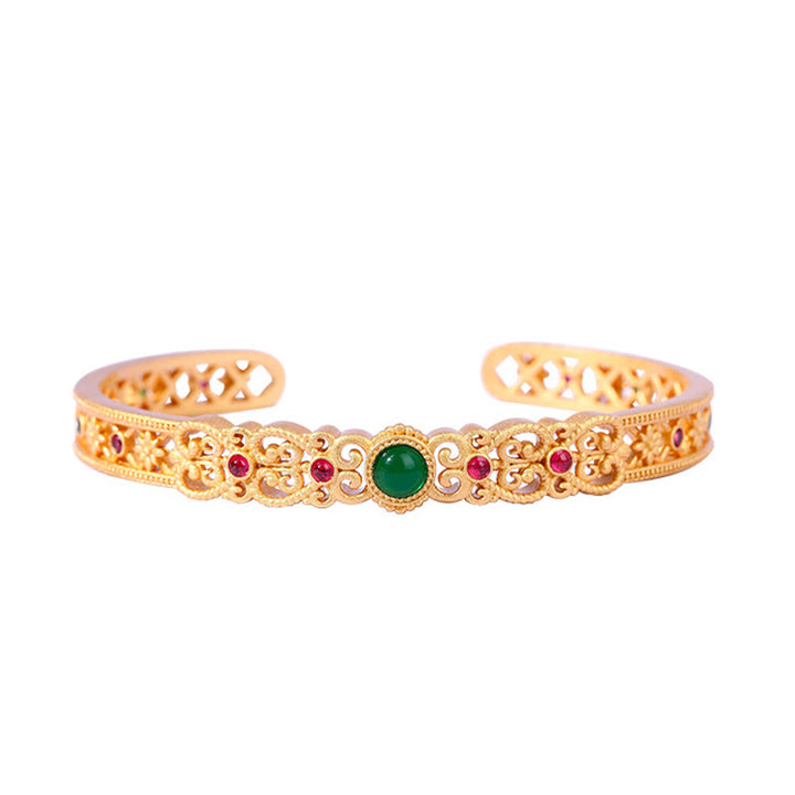 Bracelet manchette en cuivre plaqué or 24 carats Buddha Stones en calcédoine verte