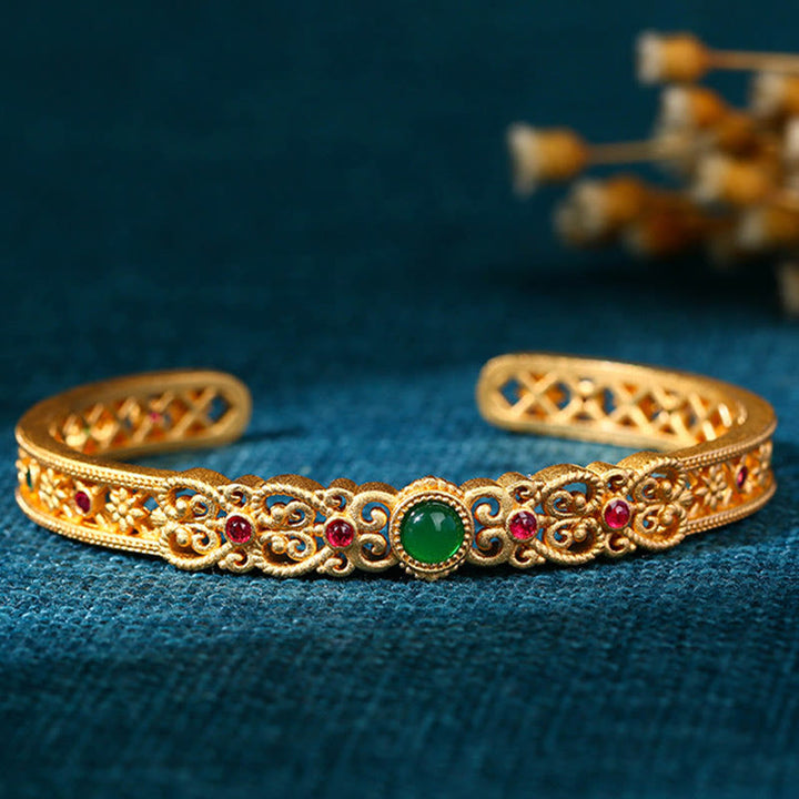 Bracelet manchette en cuivre plaqué or 24 carats Buddha Stones en calcédoine verte