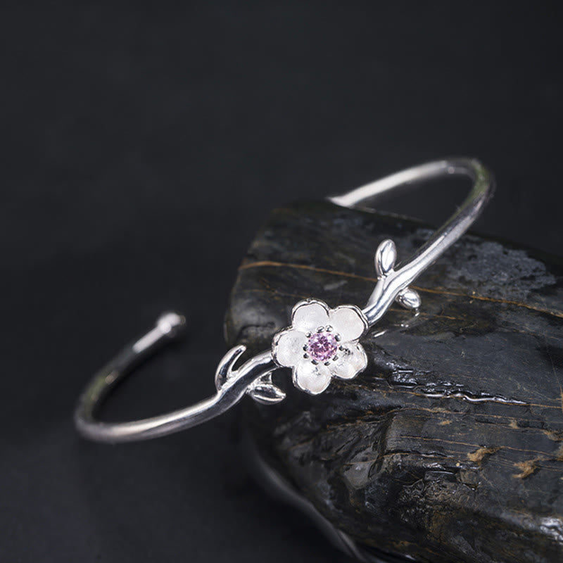 Bracelet porte-bonheur en argent sterling 925 avec Buddha Stones et fleurs de cerisier - Fleur de cerisier en argent sterling 925 (tour de poignet : 15-19 cm) - image 0