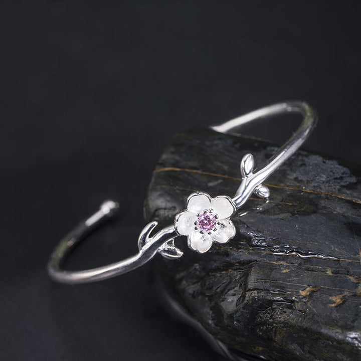 Bracelet porte-bonheur en argent sterling 925 avec Buddha Stones et fleurs de cerisier - Fleur de cerisier en argent sterling 925 (tour de poignet : 15-19 cm) - image 0