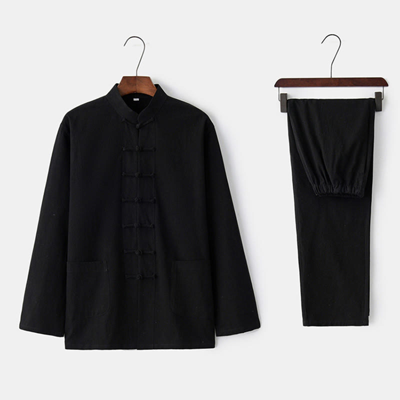 Chemise à manches longues et pantalon à boutons de grenouille Buddha Stones Tang pour homme - Noir - US/UK/AU44，EU54 (4XL) - image 1