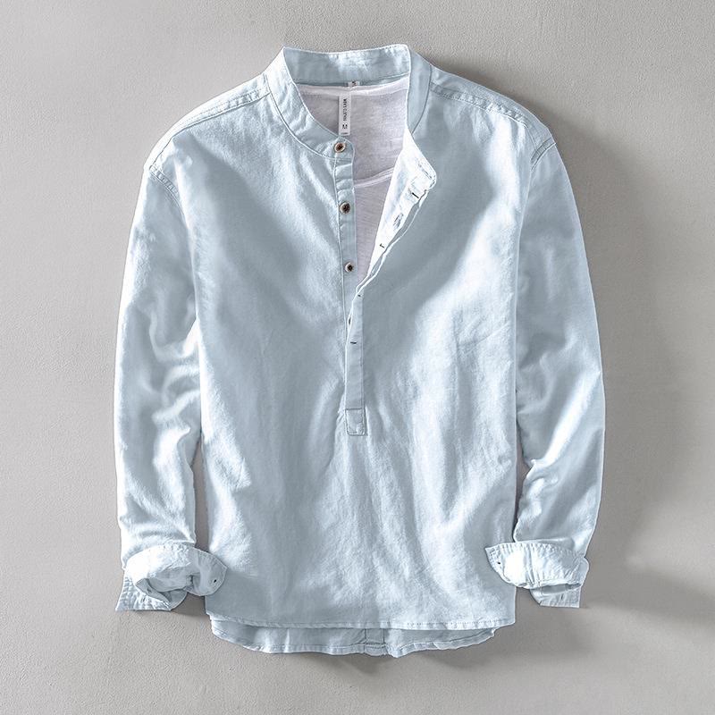 Chemise à manches longues et demi-bouton en coton et lin pour homme Buddha Stones - Bleu clair - US/UK/AU40，EU50 (2XL) - image 1