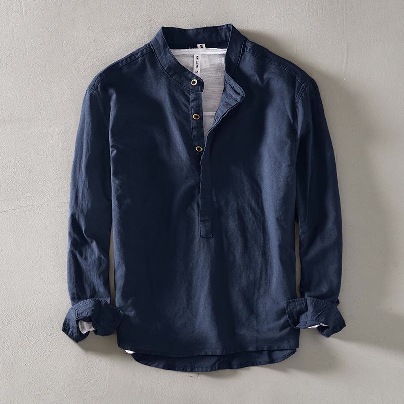 Chemise à manches longues et demi-bouton en coton et lin pour homme Buddha Stones