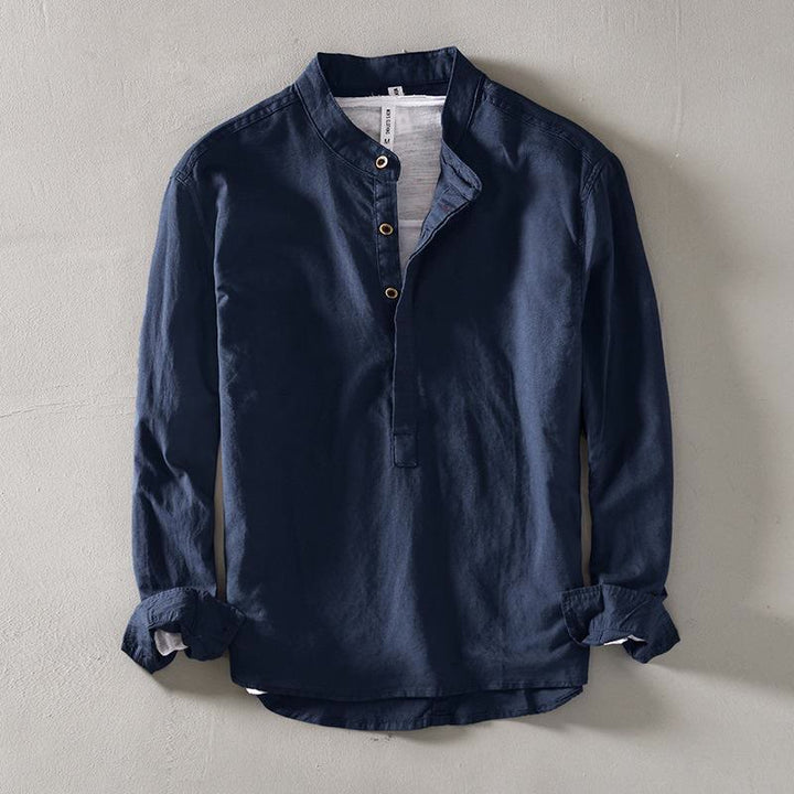 Chemise à manches longues et demi-bouton en coton et lin pour homme Buddha Stones