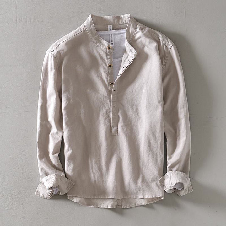 Chemise à manches longues et demi-bouton en coton et lin pour homme Buddha Stones