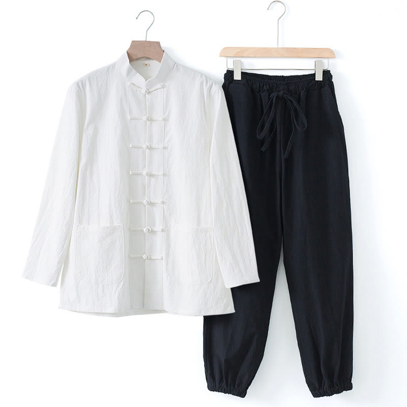 Chemise à manches longues et pantalon pour homme avec boutons de grenouille et Buddha Stones