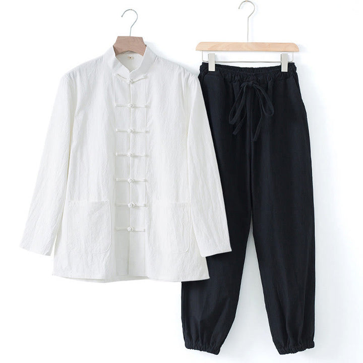Chemise à manches longues et pantalon pour homme avec boutons de grenouille et Buddha Stones