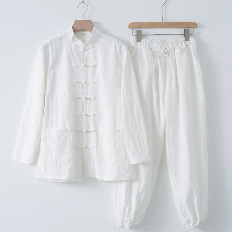 Chemise à manches longues et pantalon pour homme avec boutons de grenouille et Buddha Stones - Chemise blanche et pantalon blanc - US/UK/AU44，EU54 (4XL) - image 1