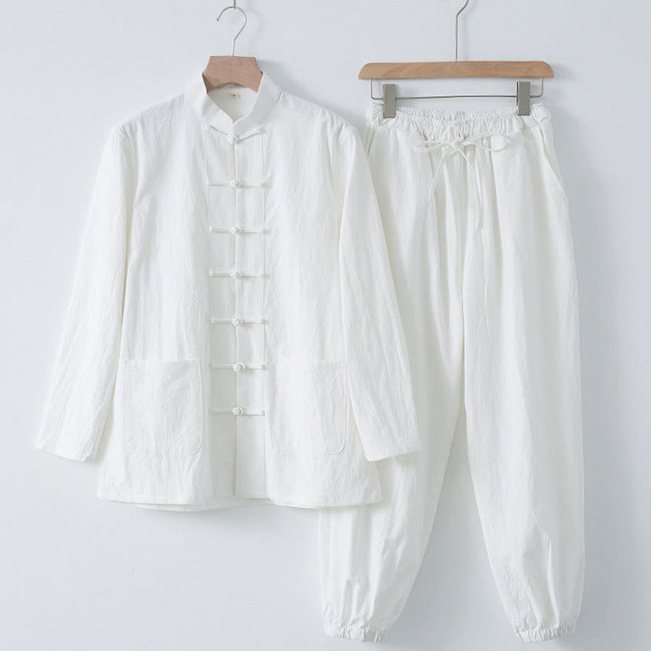 Chemise à manches longues et pantalon pour homme avec boutons de grenouille et Buddha Stones - Chemise blanche et pantalon blanc - US/UK/AU44，EU54 (4XL) - image 1