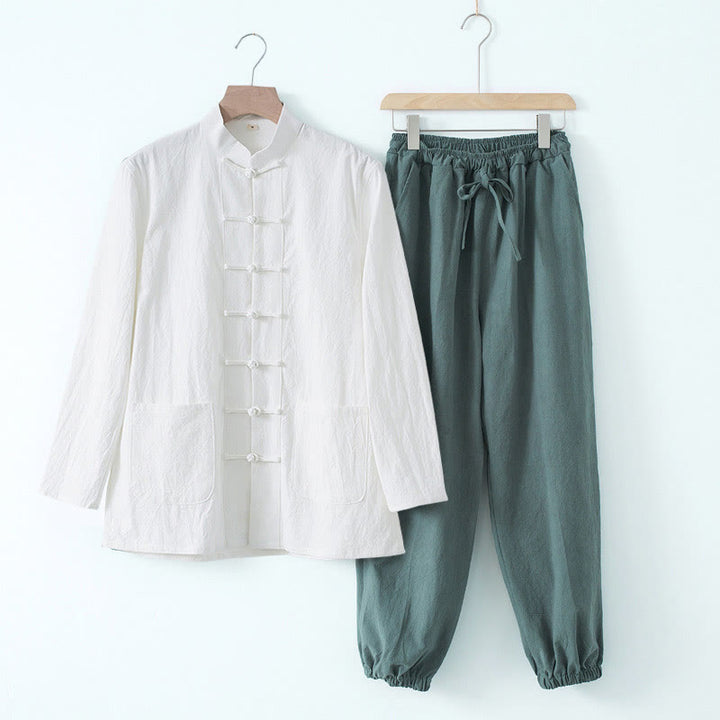 Chemise à manches longues et pantalon pour homme avec boutons de grenouille et Buddha Stones - Chemise blanche et pantalon bleu cadet - US/UK/AU44，EU54 (4XL) - image 20