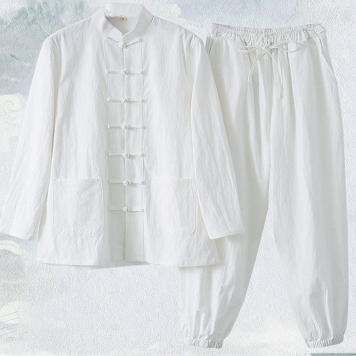 Chemise à manches longues et pantalon pour homme avec boutons de grenouille et Buddha Stones