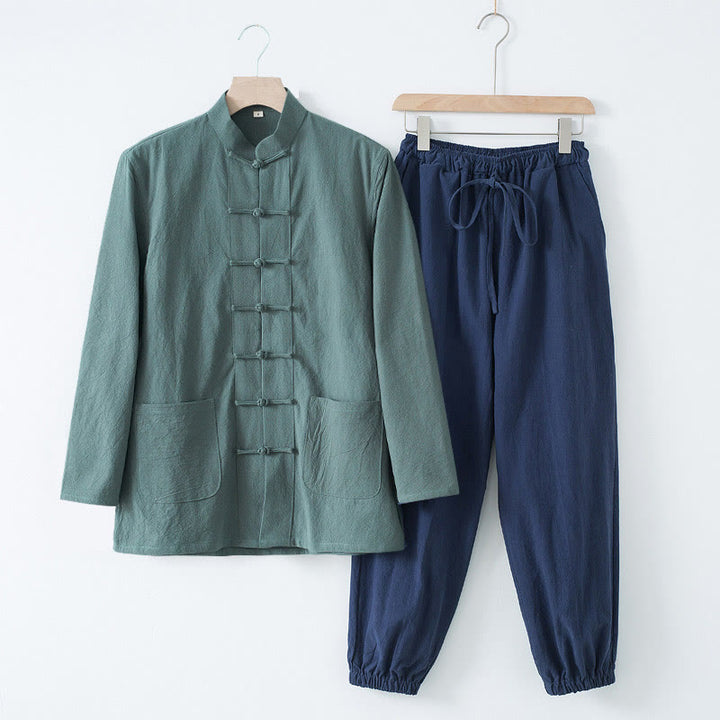 Chemise à manches longues et pantalon pour homme avec boutons de grenouille et Buddha Stones