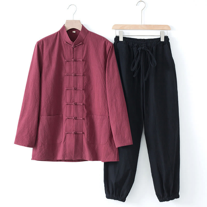 Chemise à manches longues et pantalon pour homme avec boutons de grenouille et Buddha Stones - Chemise bordeaux et pantalon noir - US/UK/AU44，EU54 (4XL) - image 23