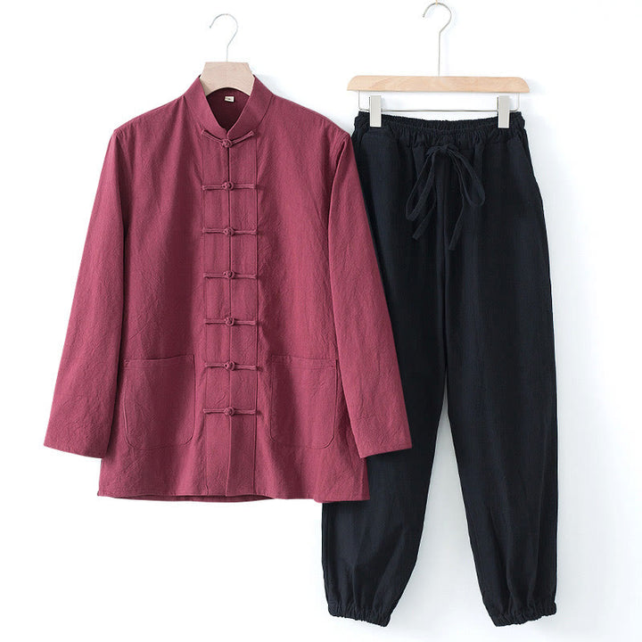 Chemise à manches longues et pantalon pour homme avec boutons de grenouille et Buddha Stones - Chemise bordeaux et pantalon noir - US/UK/AU44，EU54 (4XL) - image 23