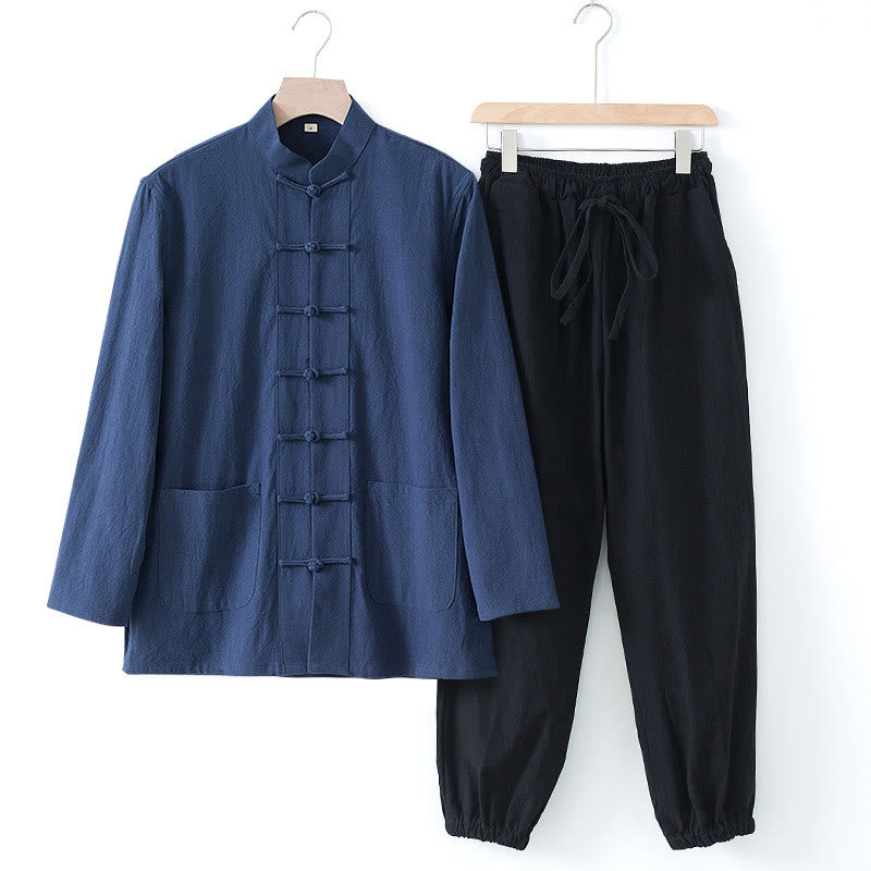 Chemise à manches longues et pantalon pour homme avec boutons de grenouille et Buddha Stones - Chemise bleu foncé et pantalon noir - US/UK/AU44，EU54 (4XL) - image 0