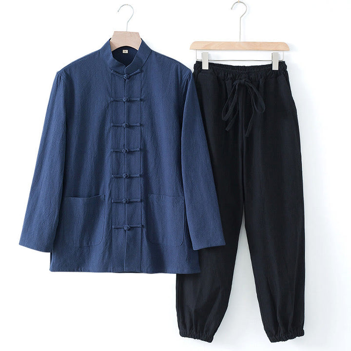 Chemise à manches longues et pantalon pour homme avec boutons de grenouille et Buddha Stones - Chemise bleu foncé et pantalon noir - US/UK/AU44，EU54 (4XL) - image 0