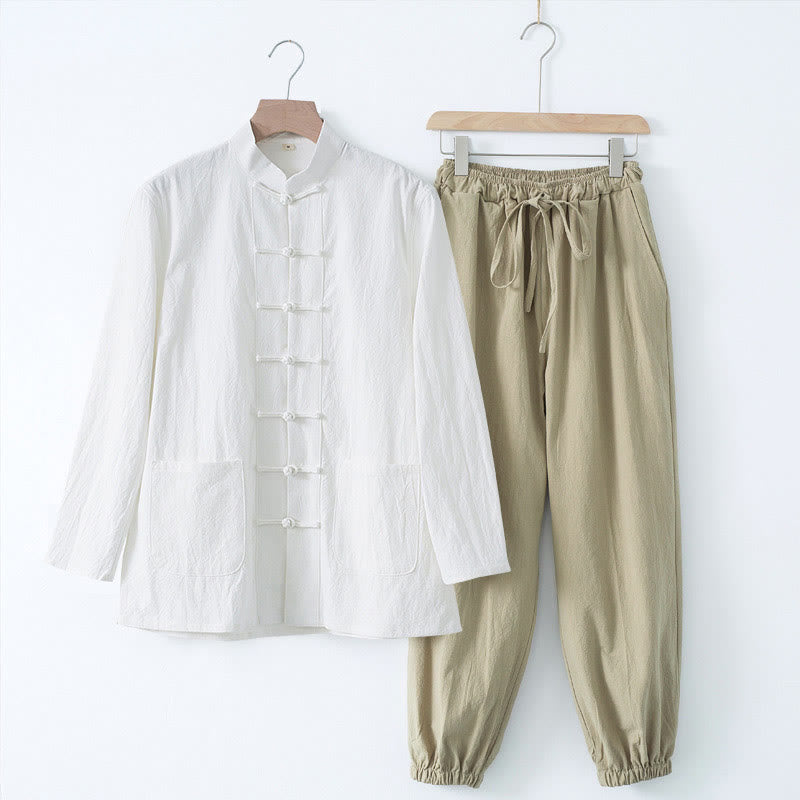 Chemise à manches longues et pantalon pour homme avec boutons de grenouille et Buddha Stones - Chemise blanche et pantalon beige - US/UK/AU44，EU54 (4XL) - image 18