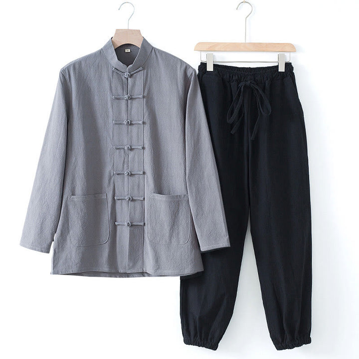 Chemise à manches longues et pantalon pour homme avec boutons de grenouille et Buddha Stones
