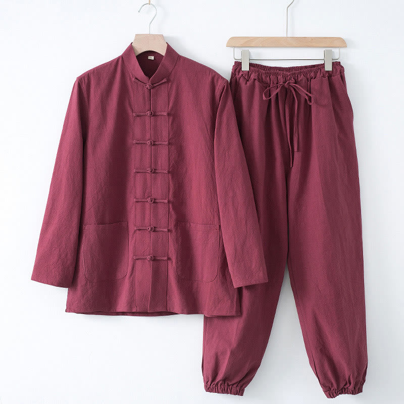 Chemise à manches longues et pantalon pour homme avec boutons de grenouille et Buddha Stones - Chemise bordeaux et pantalon bordeaux - US/UK/AU44，EU54 (4XL) - image 14