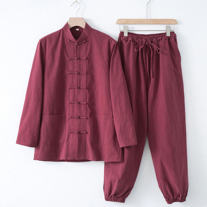 Chemise à manches longues et pantalon pour homme avec boutons de grenouille et Buddha Stones - Chemise bordeaux et pantalon bordeaux - US/UK/AU44，EU54 (4XL) - image 14