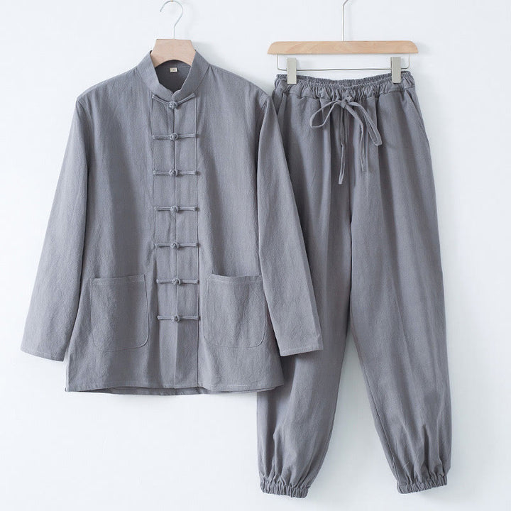 Chemise à manches longues et pantalon pour homme avec boutons de grenouille et Buddha Stones