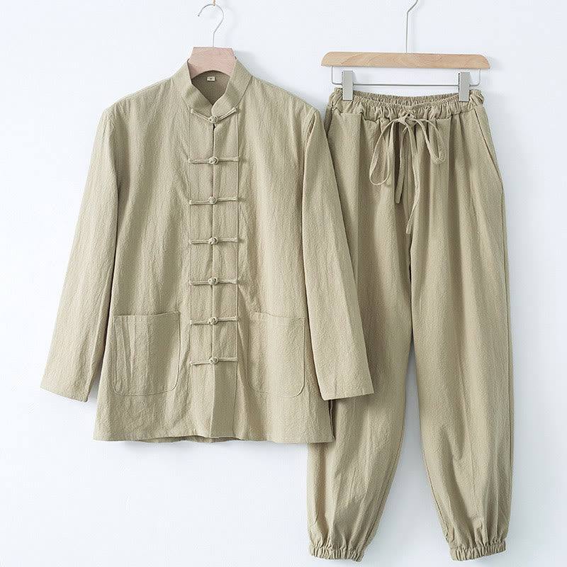 Chemise à manches longues et pantalon pour homme avec boutons de grenouille et Buddha Stones - Chemise et pantalon beiges - US/UK/AU44，EU54 (4XL) - image 15