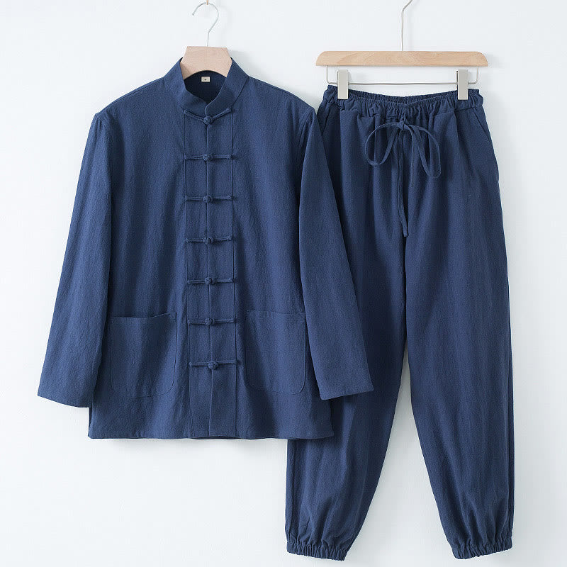 Chemise à manches longues et pantalon pour homme avec boutons de grenouille et Buddha Stones - Chemise bleu foncé et pantalon bleu foncé - US/UK/AU44，EU54 (4XL) - image 12