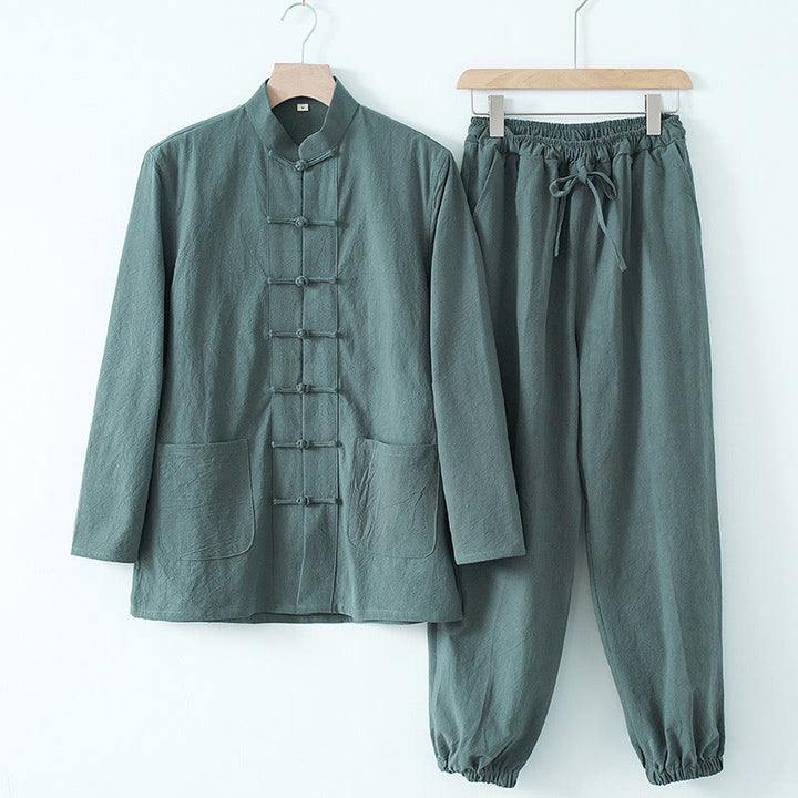 Chemise à manches longues et pantalon pour homme avec boutons de grenouille et Buddha Stones