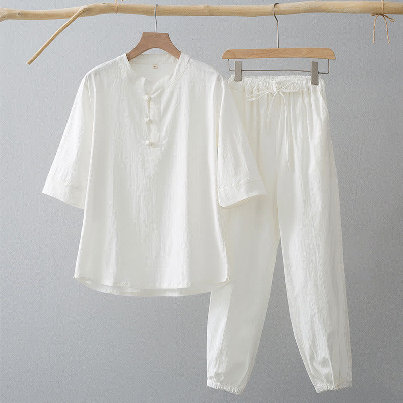 Chemise à manches trois-quarts et pantalon à boutons de grenouille Buddha Stones pour homme - Chemise blanche et pantalon blanc - US/UK/AU44，EU54 (4XL) - image 1